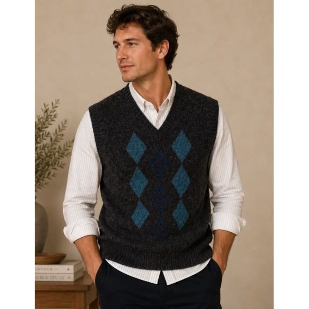 Gray Sweater Vest Sz ‎ L Charcoal Argyle Wool USA Made Preppy Academia Grandpa